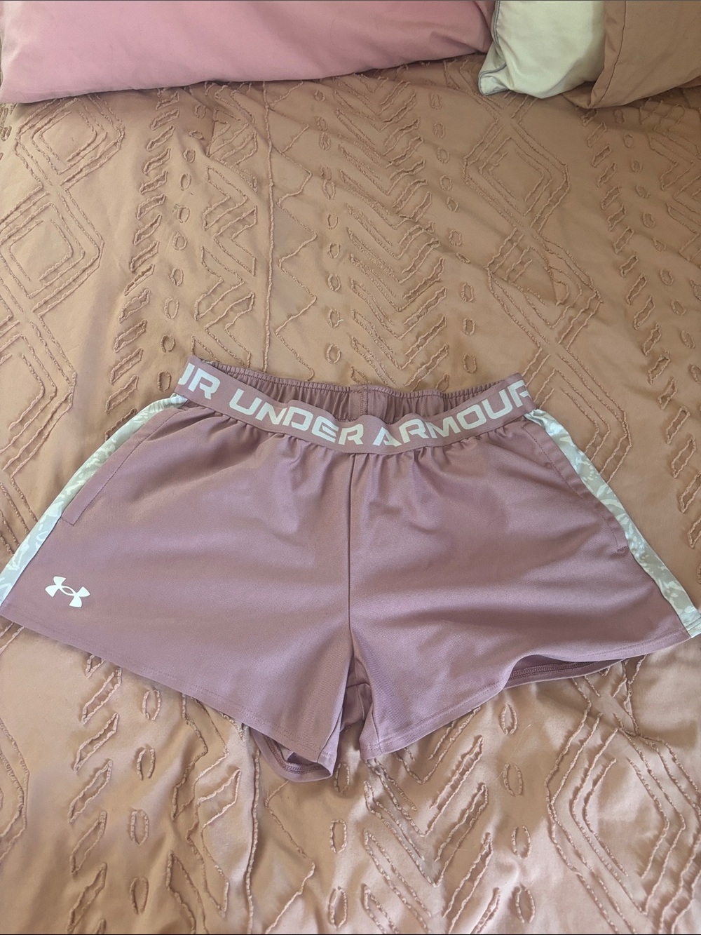 Under Armour Women's Dusty Rose Athletic Shorts with White Trim